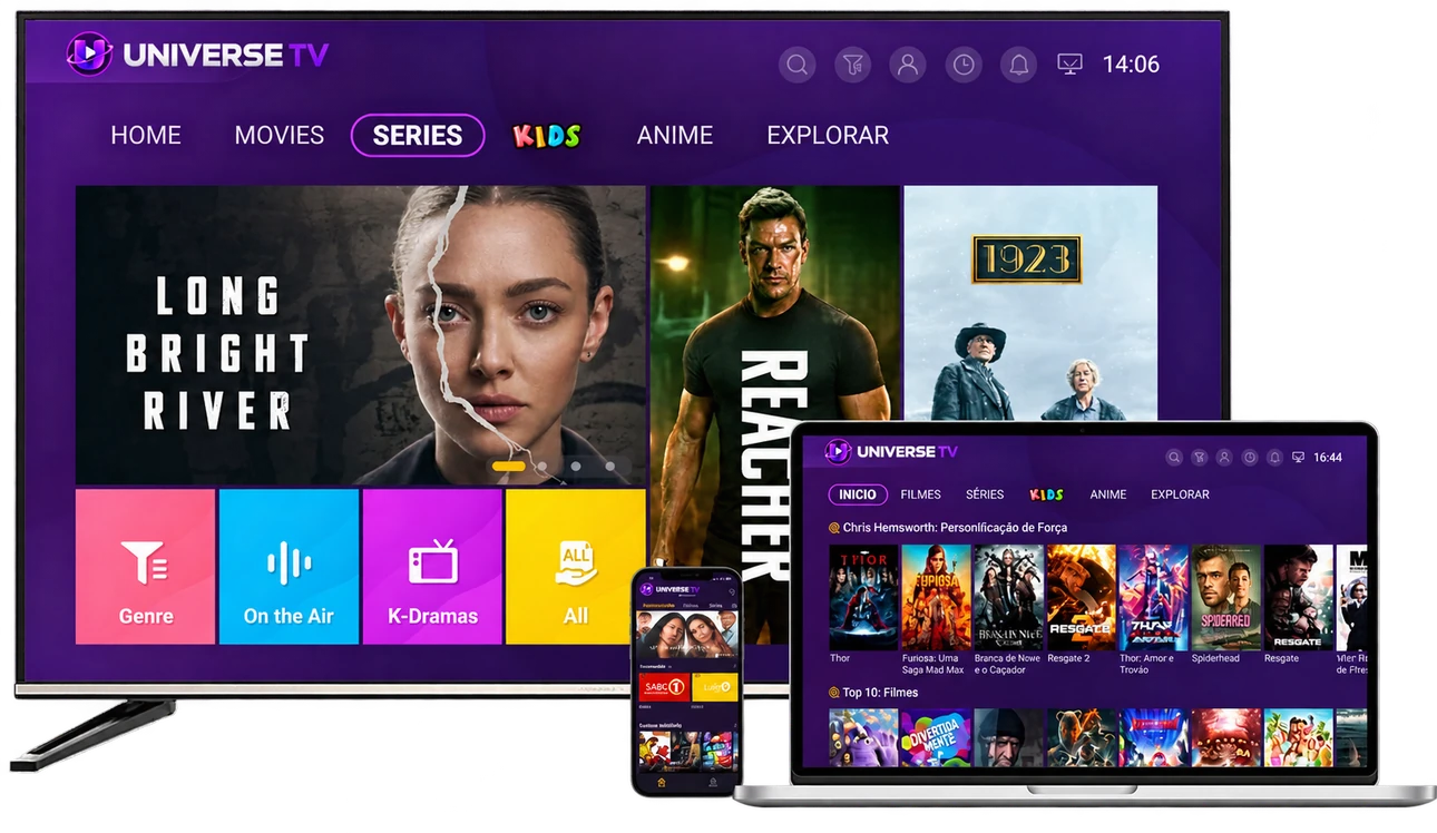 Interface do Universe TV exibida em uma televisão, notebook e celular